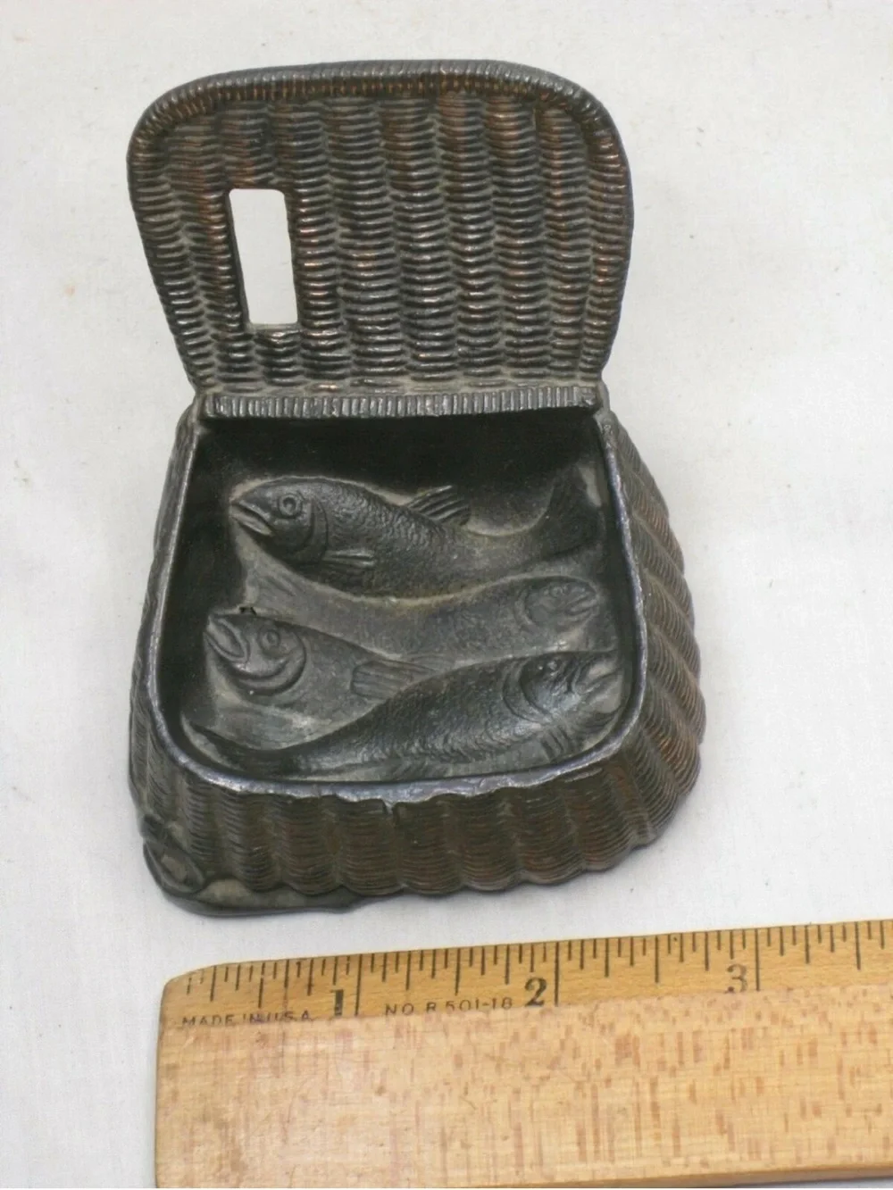 vintage antique ornate metal wicker basket fish detail cast pot iron ? decor